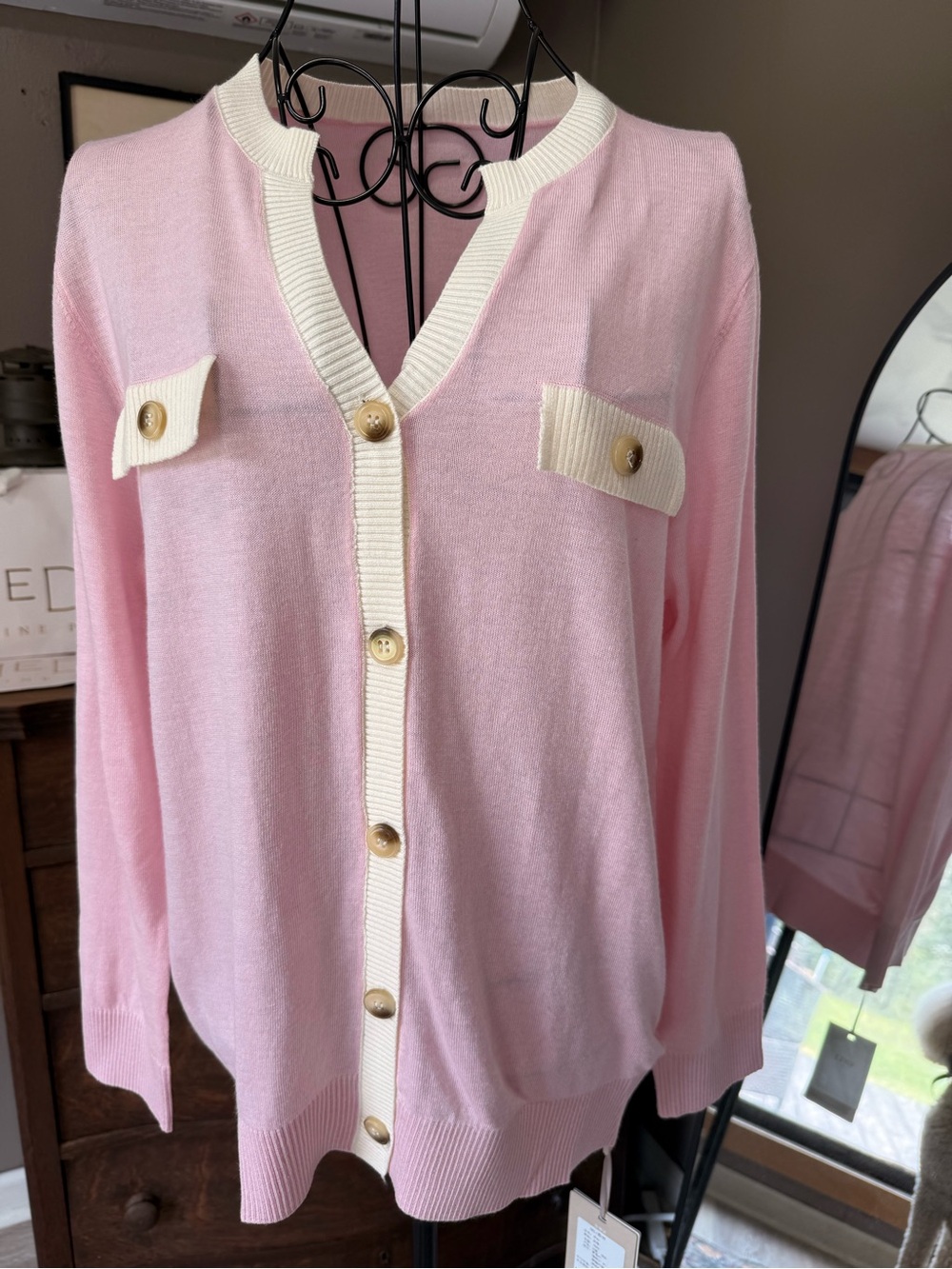 Light Pink Button-Front Cardigan with Cream Trim